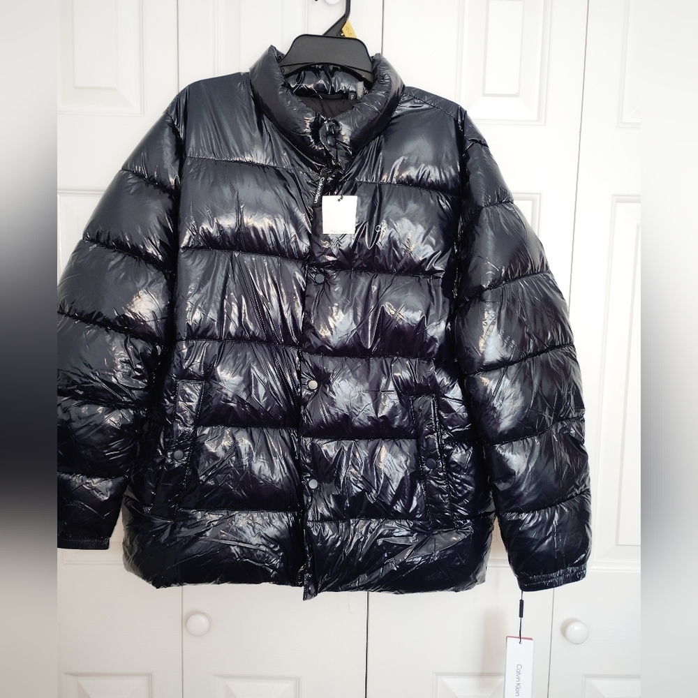 Calvin Klein Water Resistant glossy Puffer Jacket Navy Blue L lightweight WARM